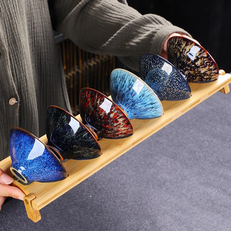 岚宫窑 斗笠杯茶杯6祇装陶瓷建盏主人杯喝茶茶碗品茗杯高端礼盒装