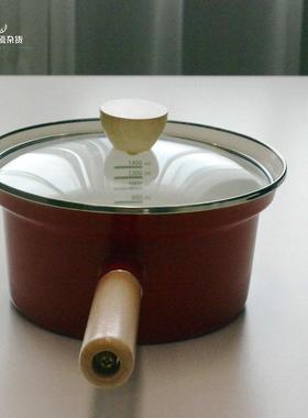 清欢杂货日单加印式刻度款搪瓷奶锅珐琅汤锅加厚红色现代极简泡面