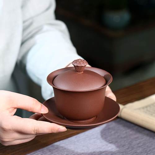 紫砂三才盖碗单个茶碗带盖紫砂杯不烫手敬茶杯茶具三泡台青莲盖碗