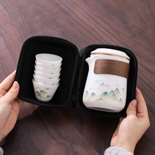 旅行茶具套装 一壶五六杯便携式 户外快客羊脂玉白瓷办公泡茶壶防烫