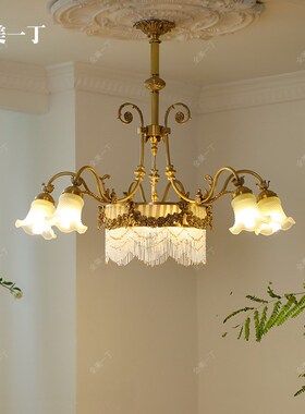 全美一丁法式复古黄铜珠帘玻璃花苞客厅吊灯浪漫中古楼梯复式顶灯