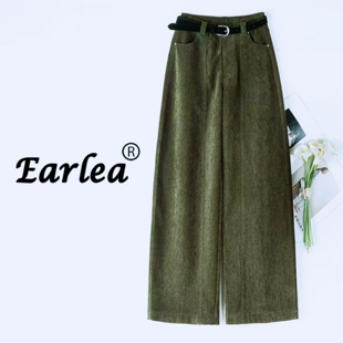 子 宽松显瘦垂感直筒裤 芥绿色加厚灯芯绒阔腿裤 女2025秋冬流行爆款