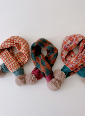 M1127冬儿童围巾潮新男女童针织毛线菱形格交叉围脖儿童款