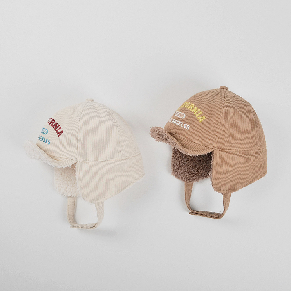 moinmlon冬季新款儿童加绒保暖护耳帽宝宝厚款灯芯绒防风包头帽