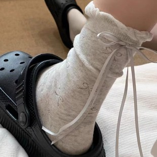 薄款 日系可爱蝴蝶结袜子女中筒袜夏季 棉ins潮百搭学院风堆堆袜