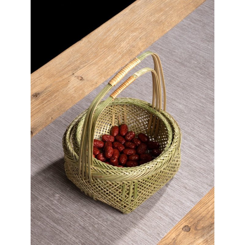 70YF手工竹编小提篮 水果篮鸡蛋筐 手提篮 圆形菜篮子 家用竹工艺