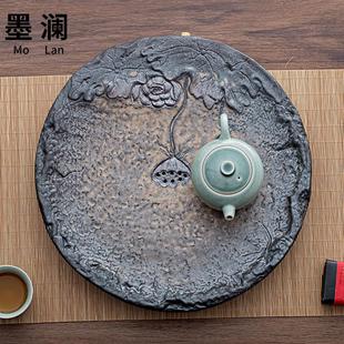 简约复古中式 茶盘轻奢干泡台家用阳台客厅陶瓷储水盘茶海日式 会客