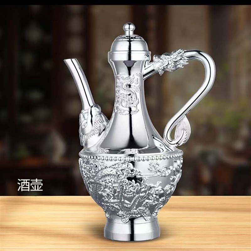 龙凤酒具套装龙凤呈祥创意送礼摆件银壶银杯银盘酒具六件套装