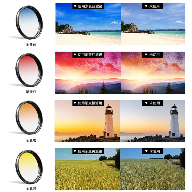 APEXEL跨境ND偏振星光全色渐变红黄蓝橙滤镜7合1套装通用手机镜头