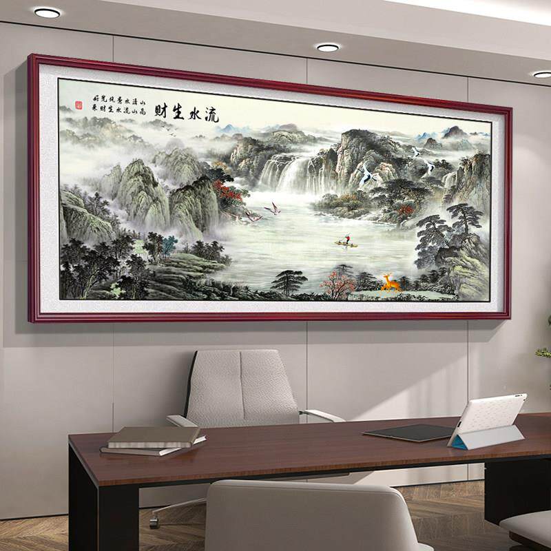 流水生财山水挂画 画字画 画办公室国画 画聚宝盆风景客厅沙发背