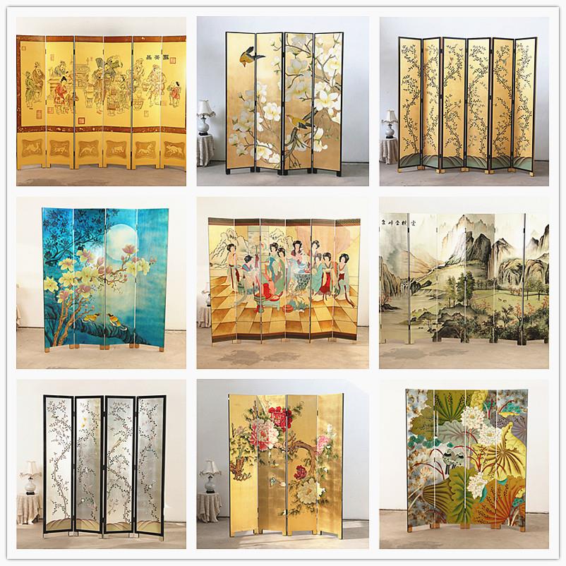 中式传统金箔手绘花鸟屏风隔断客厅办公室遮挡背景装饰可移动折屏