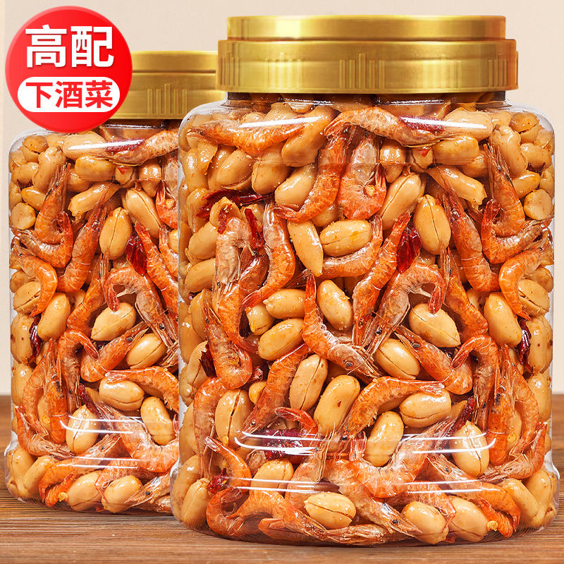 新货小虾干花生米下酒菜罐装500g香辣酒友炒货特产休闲零食小吃