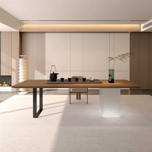 亚克力客厅家用会客茶台胡桃木色实木茶桌椅组合大板茶桌 2024新款
