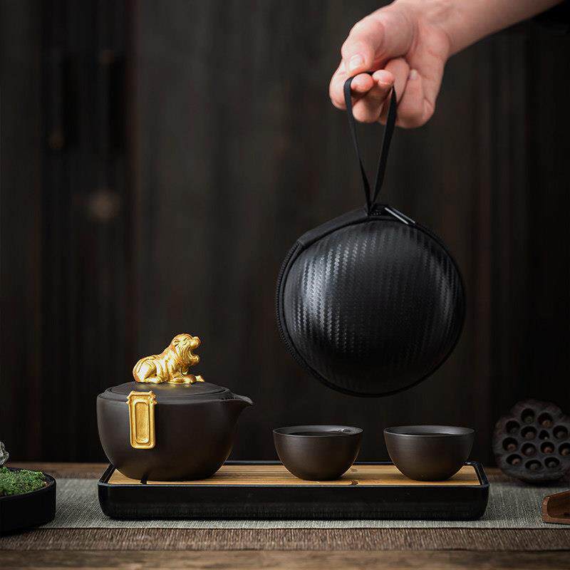 鎏金紫砂旅行功夫茶具套组可携式貔貅陶瓷快客杯一壶二杯户外送礼