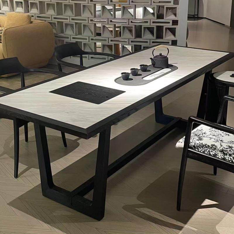 新中式茶桌黑胡桃木茶台轻奢现代高级感岩板茶桌椅组合实木泡茶桌