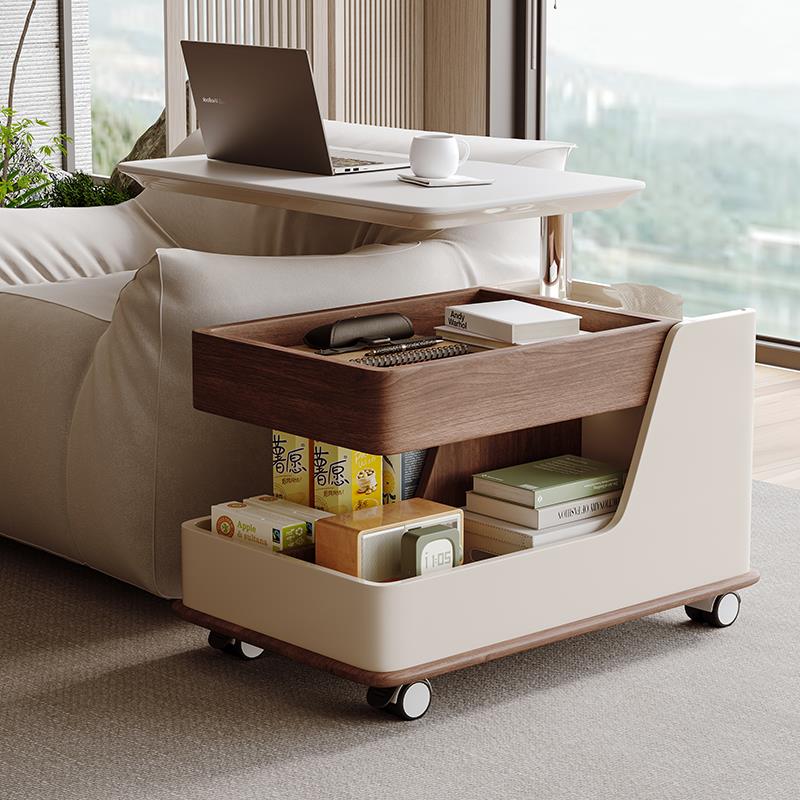 可移动实木边几小户型客厅中古风多功能升降茶几带滑轮小推车