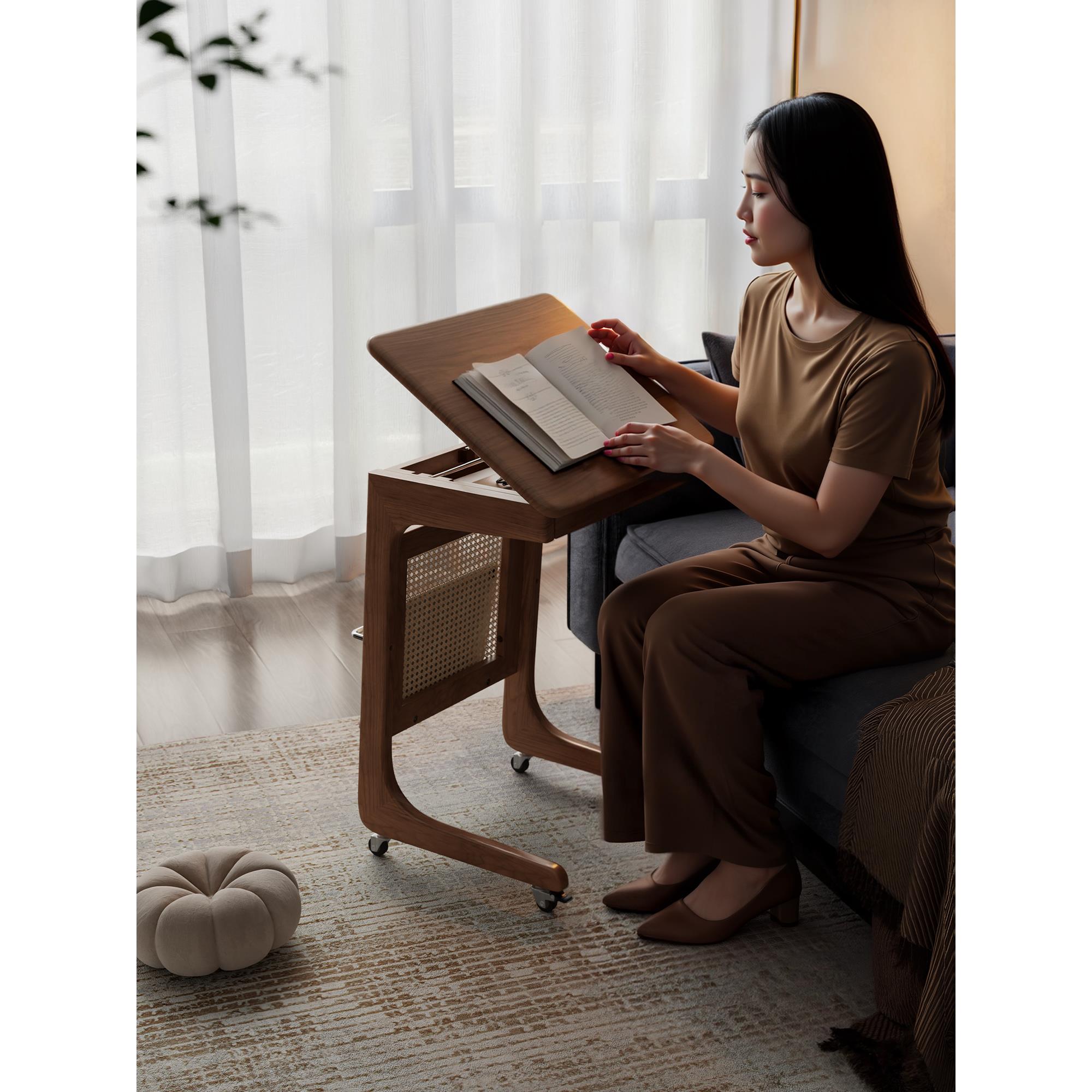 东木实木沙发边桌可移动床头柜边轮储物架家用c型小茶几