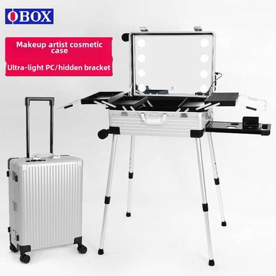 2025新款Obox化妆师专用彩妆盒，配有彩灯，铝合金Pc大容量小车及
