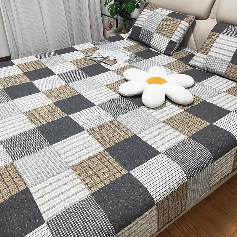 简约格子大气绗缝床盖纯棉加厚双面床单夹棉床垫外贸衍缝被韩版