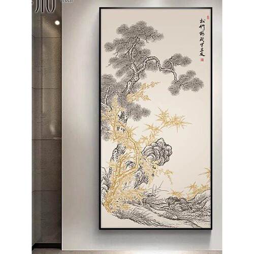 岁寒三友玄关装饰画新中式迎客松挂画客厅正对门松竹梅3d浮雕壁画