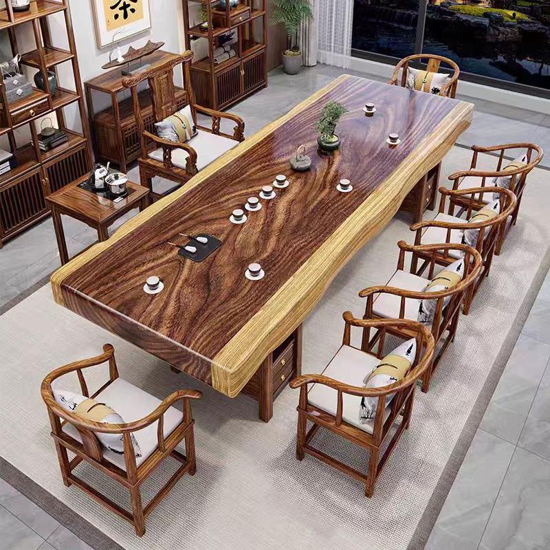 胡桃木大板茶几、椅子组合新中式实木茶几、家庭茶几、商业高端客