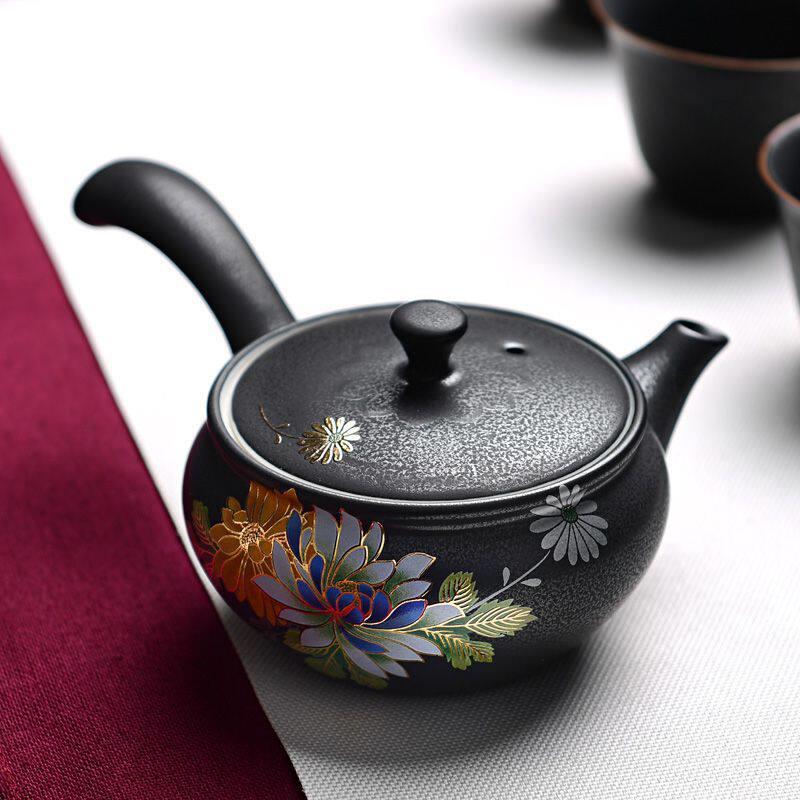 陶瓷铁锈釉茶壶中式立体手工扒花过滤功夫茶具木柄侧把壶单壶复古