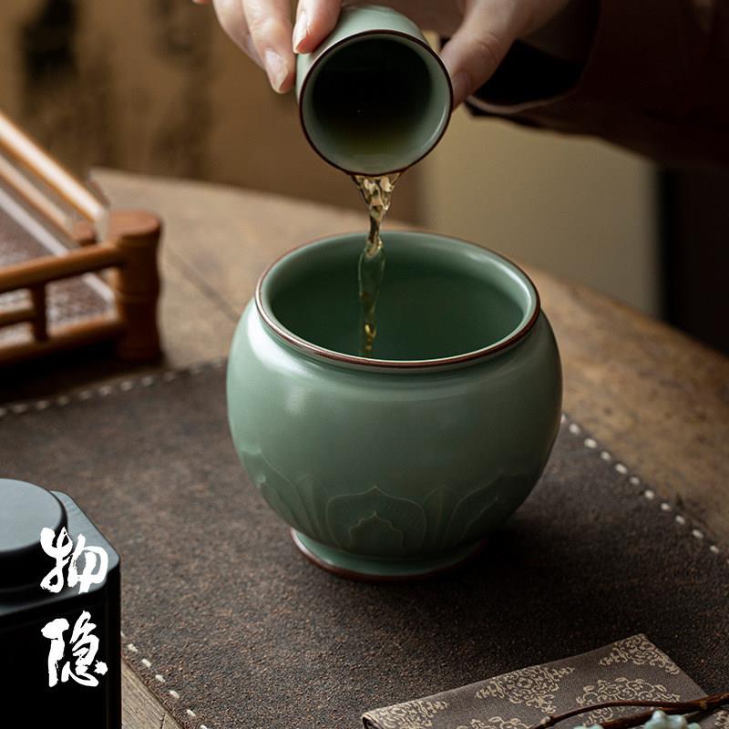 物隐堂丨青瓷浮雕建水家用复古梅子青陶瓷茶洗茶渣缸中式茶具配件