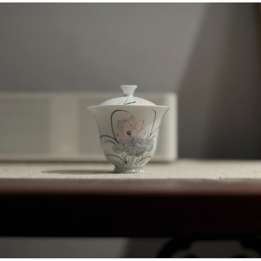 |勿念|《墨彩荷花》贵妃盖碗 釉下彩 手绘茶具 陶瓷白瓷