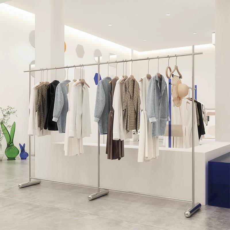 服装店展示架落地式不锈钢银色简约陈列架女装中岛货架童装挂衣架