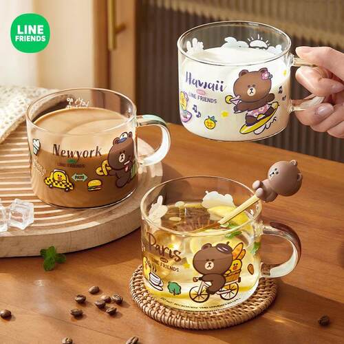 LINE FRIENDS玻璃杯女生高颜值带把手茶杯高硼硅玻璃水杯牛奶杯子