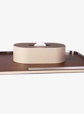 现代轻奢高端胡桃木皮革托盘摆件样板间售楼部书房纸巾盒桌面摆件