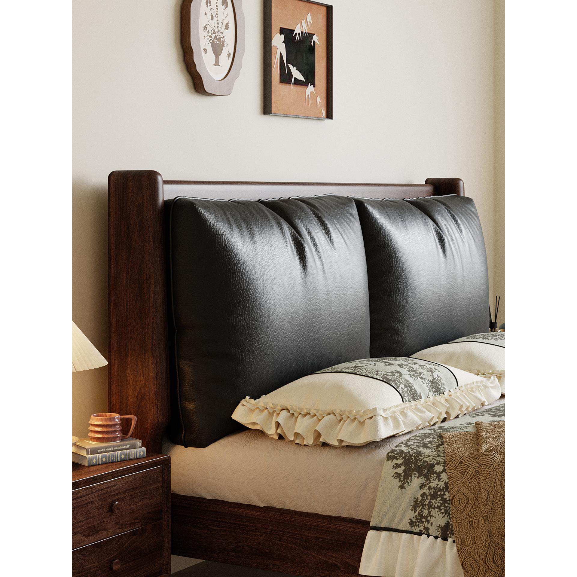 真皮软包胡桃木实木床新中式主卧1米8双人床中古风储物床2米x2米2