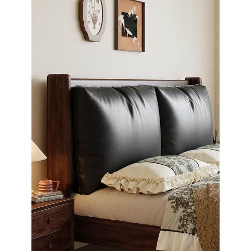 真皮软包胡桃木实木床新中式主卧1米8双人床中古风储物床2米x2米2