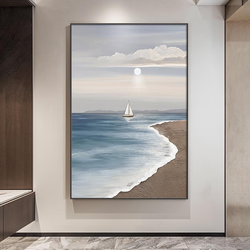 一帆风顺玄关装饰画 画日出海景客厅沙发背景墙挂画 画蓝色走廊过
