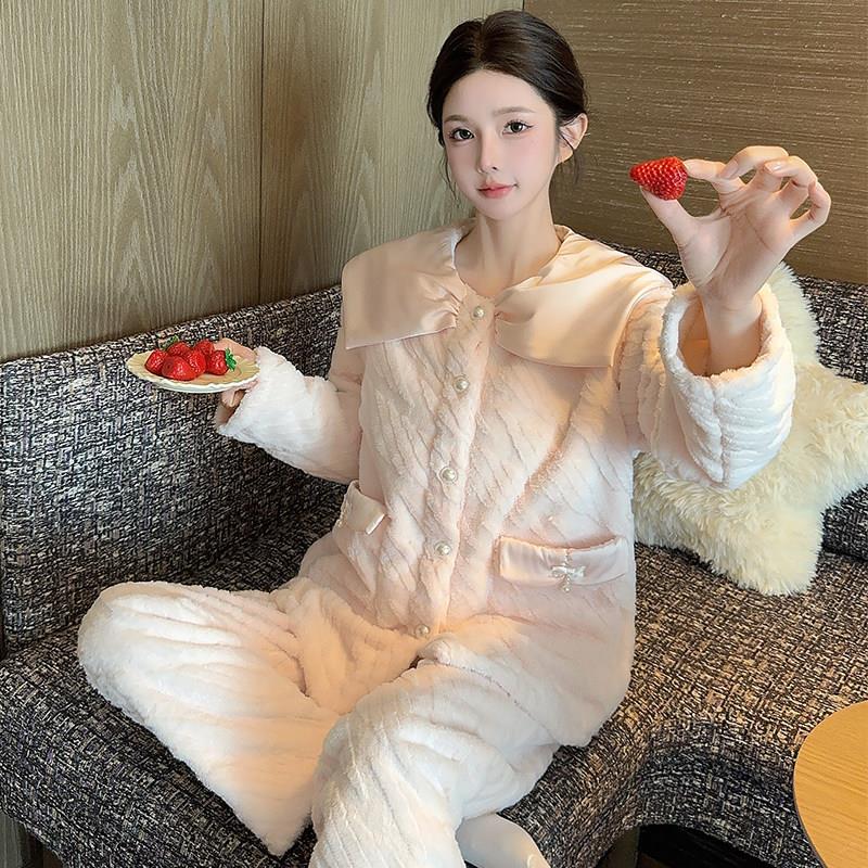 睡衣秋冬款女高级感兔绒加绒加厚保暖套装粉色可外穿珊瑚绒家居服