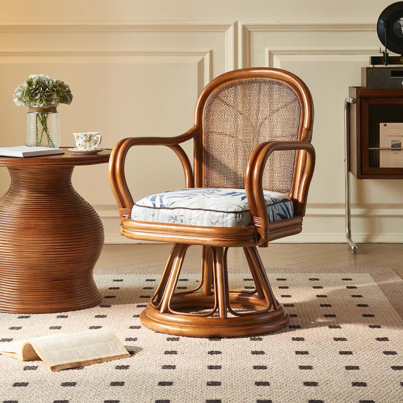 日式藤编休闲 椅东南亚茶室阳台靠背椅设计师款家用真藤可旋转躺