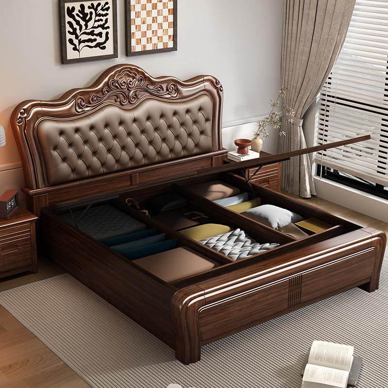 胡桃木实木床软包靠背床多功能收纳1米6x2米的大床2米x2米2双人床