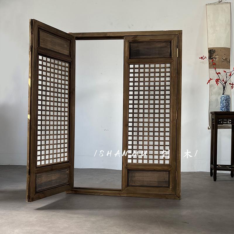 中式实木仿古门窗做旧花窗东阳木雕复古窗户对开窗实木花格装饰
