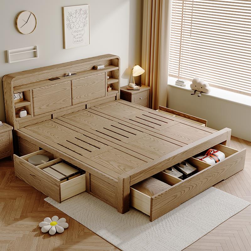 箱体床储物床2米x2米2双人床主卧室白蜡木实木床原木床尾带抽屉床