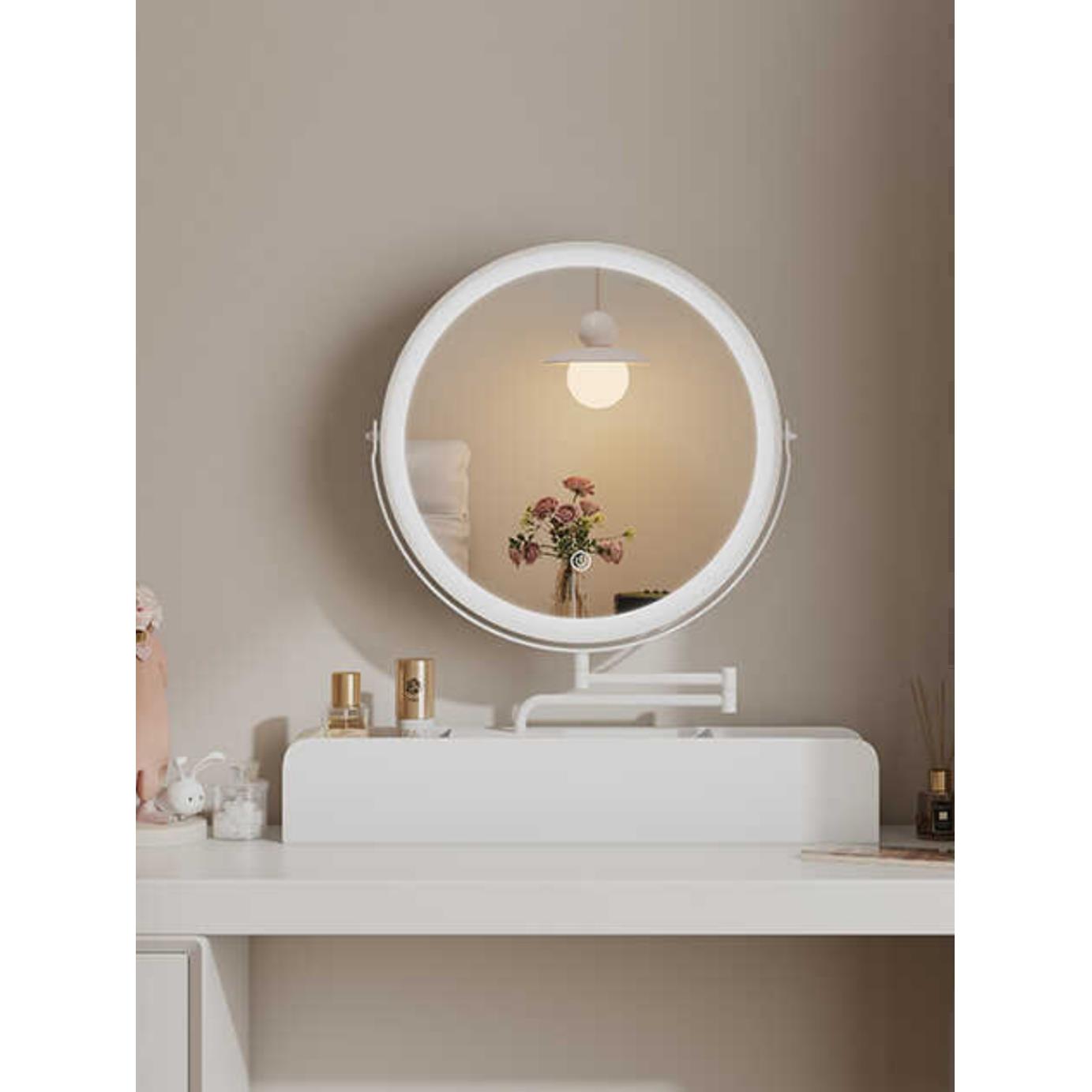 智能实木化妆镜旋转台式镜子梳妆台化妆镜卧室三色LED大圆镜子