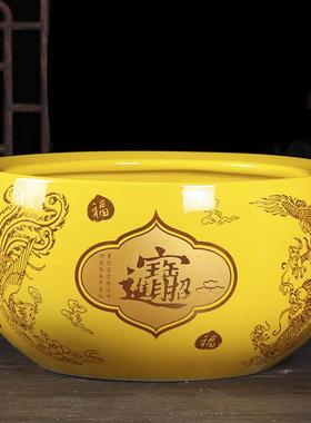 景德镇陶瓷鱼缸黄红色聚宝盆金鱼乌龟缸桌面玄关风水摆件招财进宝