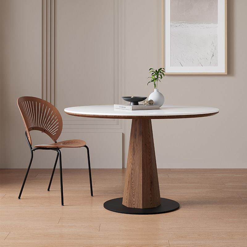 德利丰岩板圆桌法式简约中古风覆古小户型纯白胡桃色实木圆形餐桌