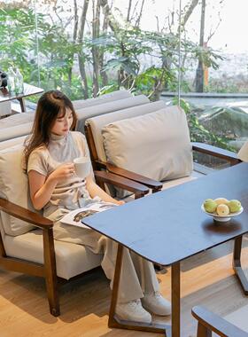 连锁奶茶店桌椅组合咖啡店馆休闲区实木沙发咖啡厅椅子阅读区卡座