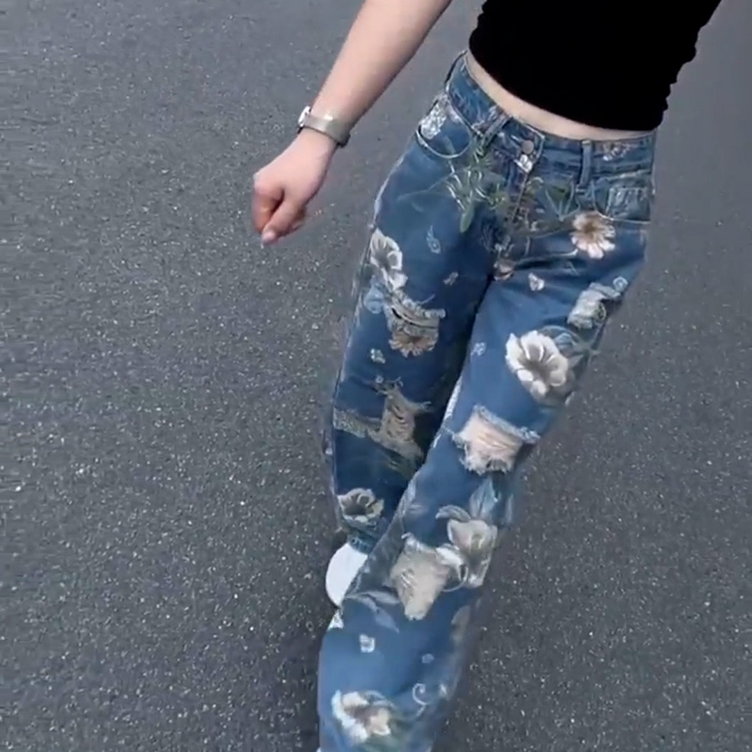 夏季美式气质重工花卉印花牛仔裤