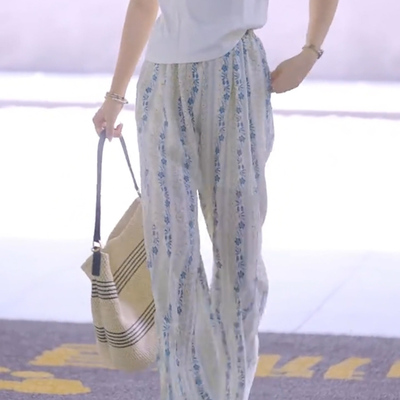 法式高级感条纹印花阔腿裤