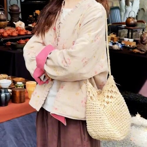 新中式国风棉麻碎花大码外套女