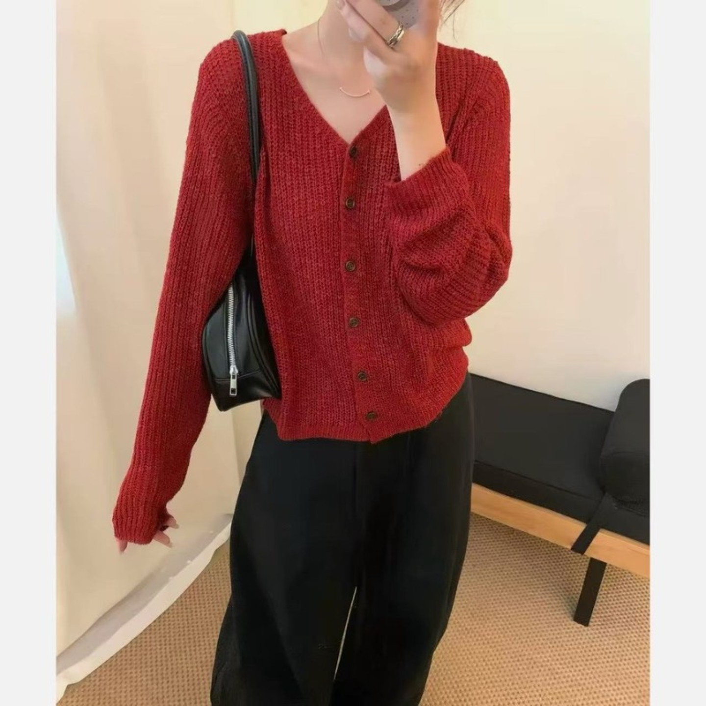 番茄考拉新品秋季新款毛衣女V领和纸纱外穿韩版气质针织开衫上衣