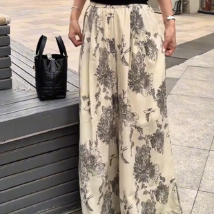 韓系高級感碎花棉麻闊腿褲 高腰顯瘦寬松印花休閑褲 女2025夏大碼