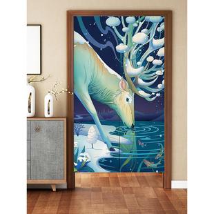 新型中国风布艺门帘吉祥鹿印花窗帘客厅房间挂帘过道浴室堵不打孔