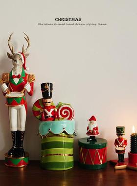 圣诞节合集 出口欧式圣诞鹿兵人打鼓造型陶瓷罐子 装饰摆件烛台